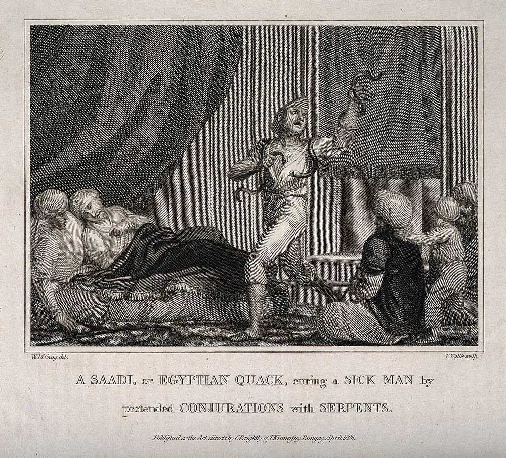 A Saadi, or Egyptian shaman using snakes and incantations to cure a sick man. Engraving by T. Wallis, 1806, after W.M. Craig.
