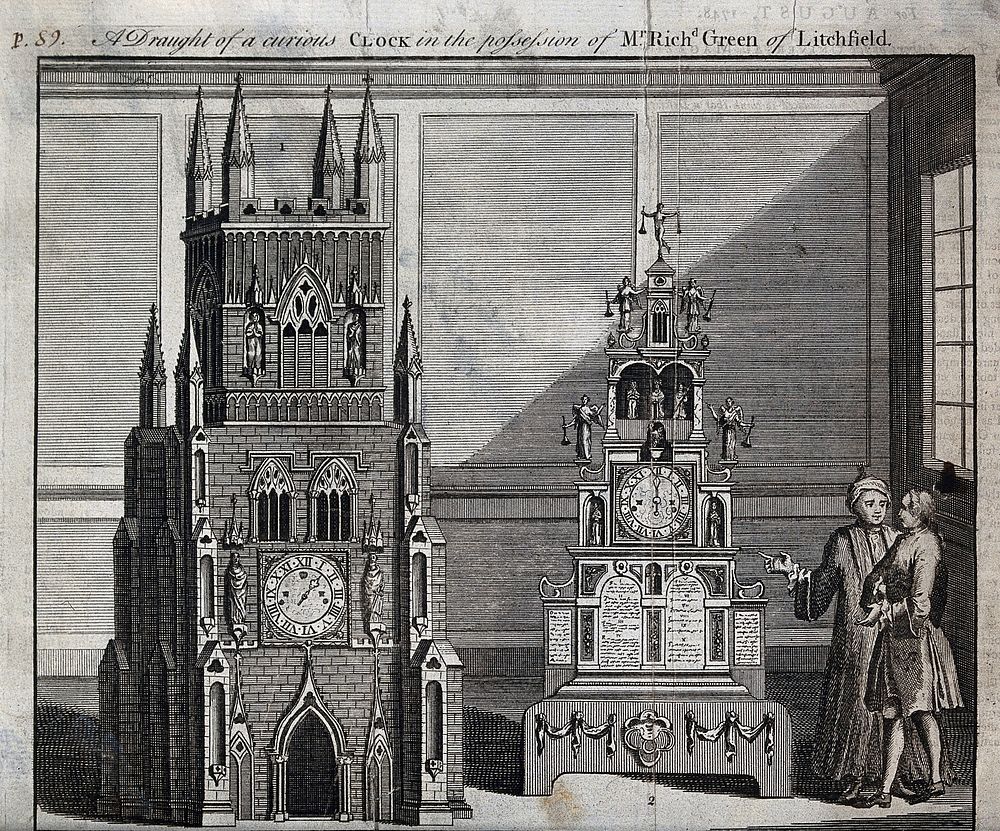 Clocks: Richard Greene's museum at Lichfield, showing the "Lichfield" clock, two men discussing it. Engraving, 1748, after…
