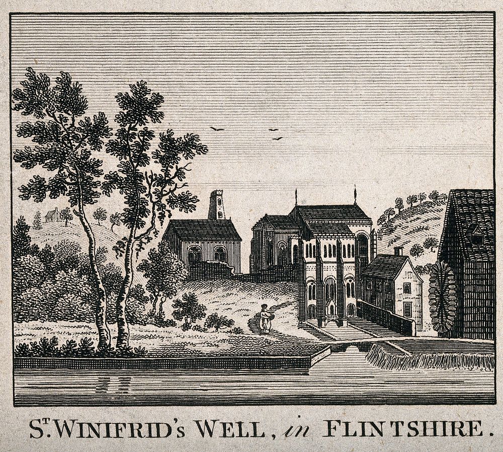 St. Winifred's Well, Flintshire, Wales. Line engraving.