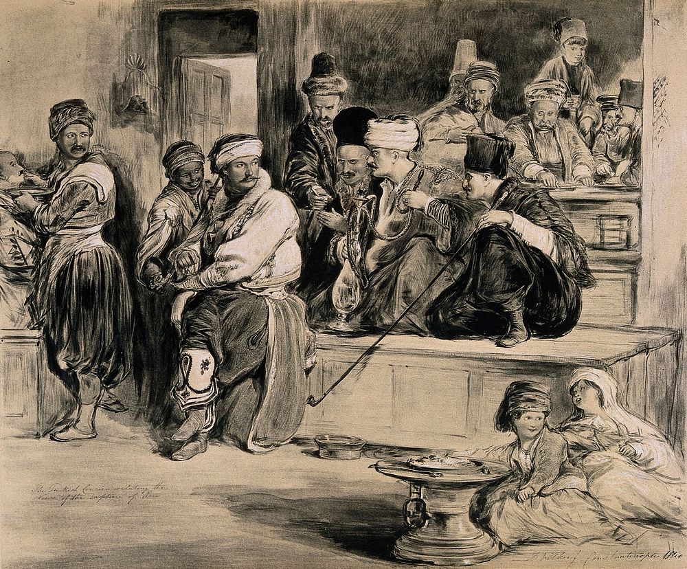 Smokers in a Turkish coffee house listen eagerly to news brought by a courier. Lithograph by J. Nash, 1843, after D. Wilkie…