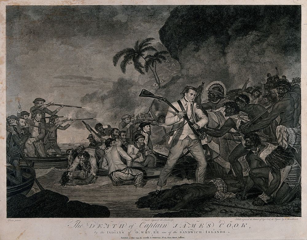 The death of Captain James Cook: a man is fighting off his attackers with the butt of a rifle, men in a boat behind him are…