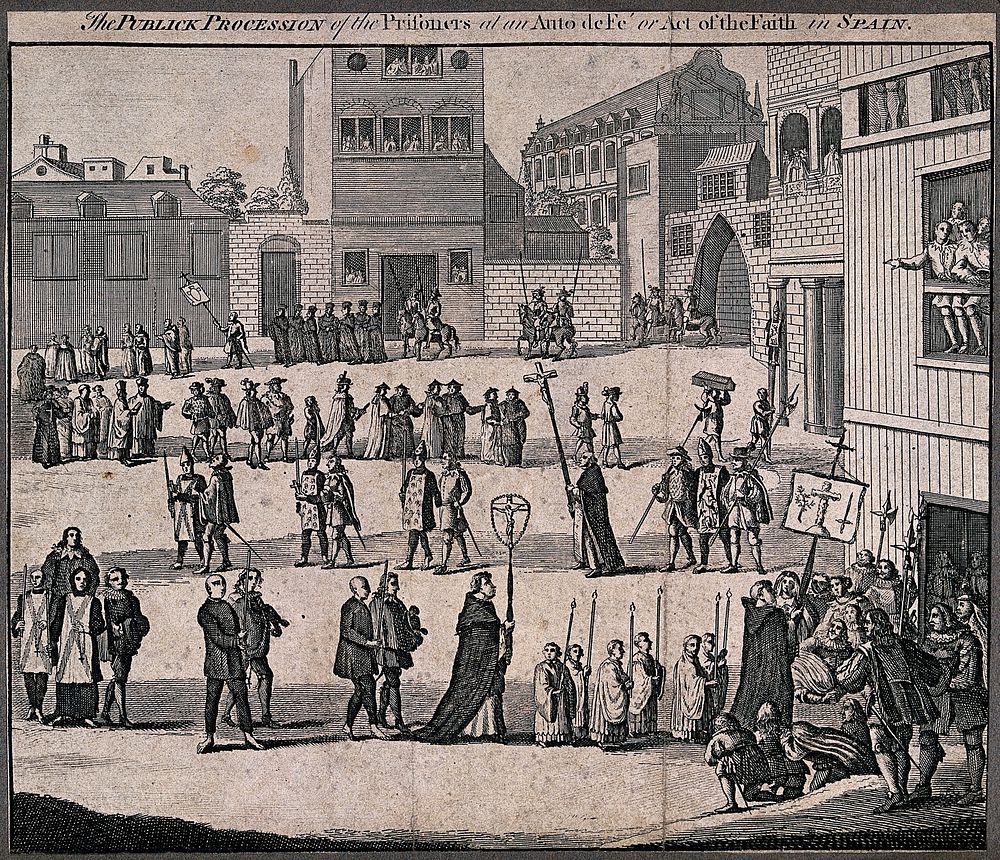 An auto-da-fé in Spain: the accused are led in procession by the Inquisitors to their trial. Engraving, 1749.