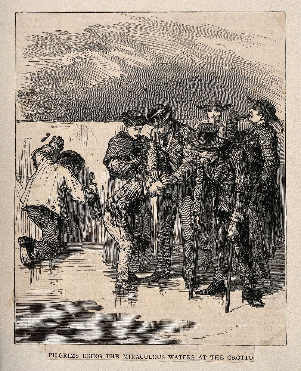 Lourdes, Haute Pyrénées, France: pilgrims seeking cures from the holy water. Wood engraving.