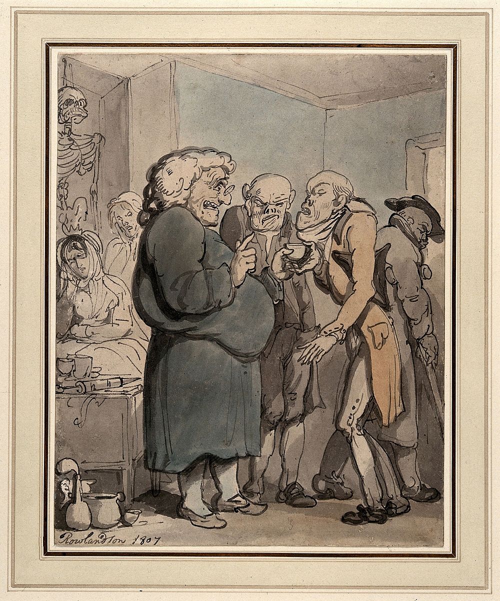 Patients consulting an obese quack. Watercolour painting by T. Rowlandson, 1807.