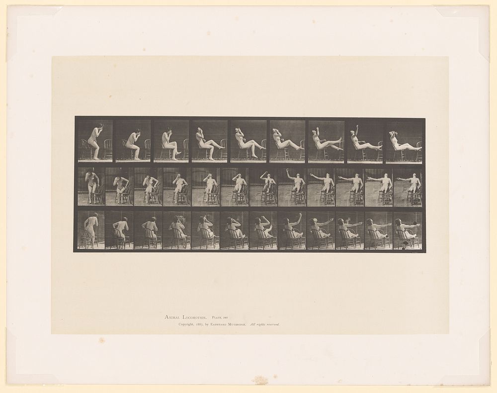 A woman sitting naked on a chair and smoking. Collotype after Eadweard Muybridge, 1887.