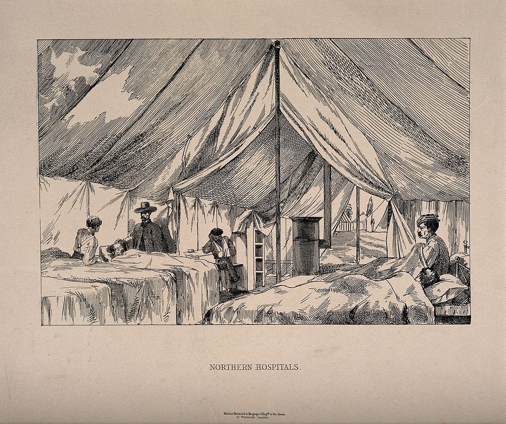 A doctor visiting patients in a field hospital ward in a tent. Lithograph.