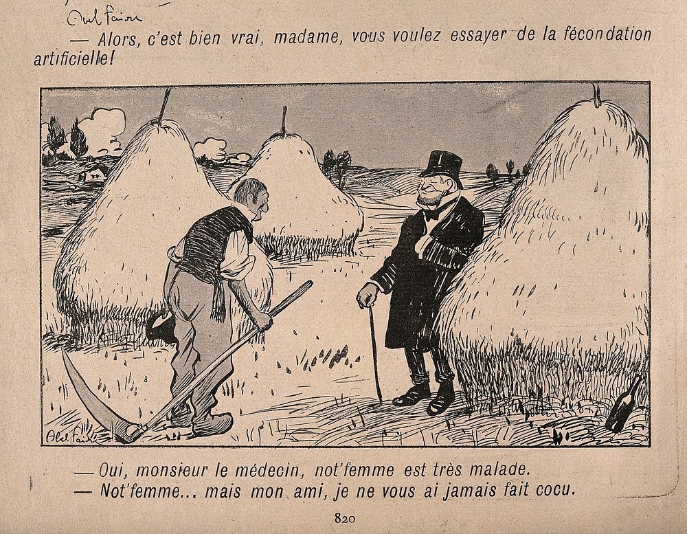 A doctor tells a farm labourer that he has never touched his wife. Process print after J-A. Faivre, 1902.