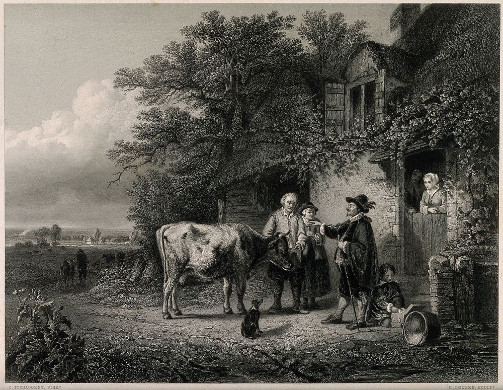 A cow-doctor stands outside a rural cottage and points to an ailing cow, observed by its anxious owners. Steel engraving by…