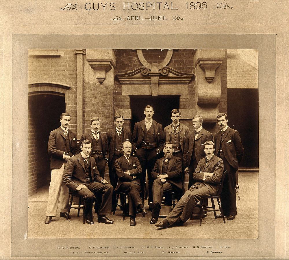 Guy's Hospital: Sir James Frederic Goodhart with Lauriston Elgie Shaw and a group of students. Photograph, 1885.