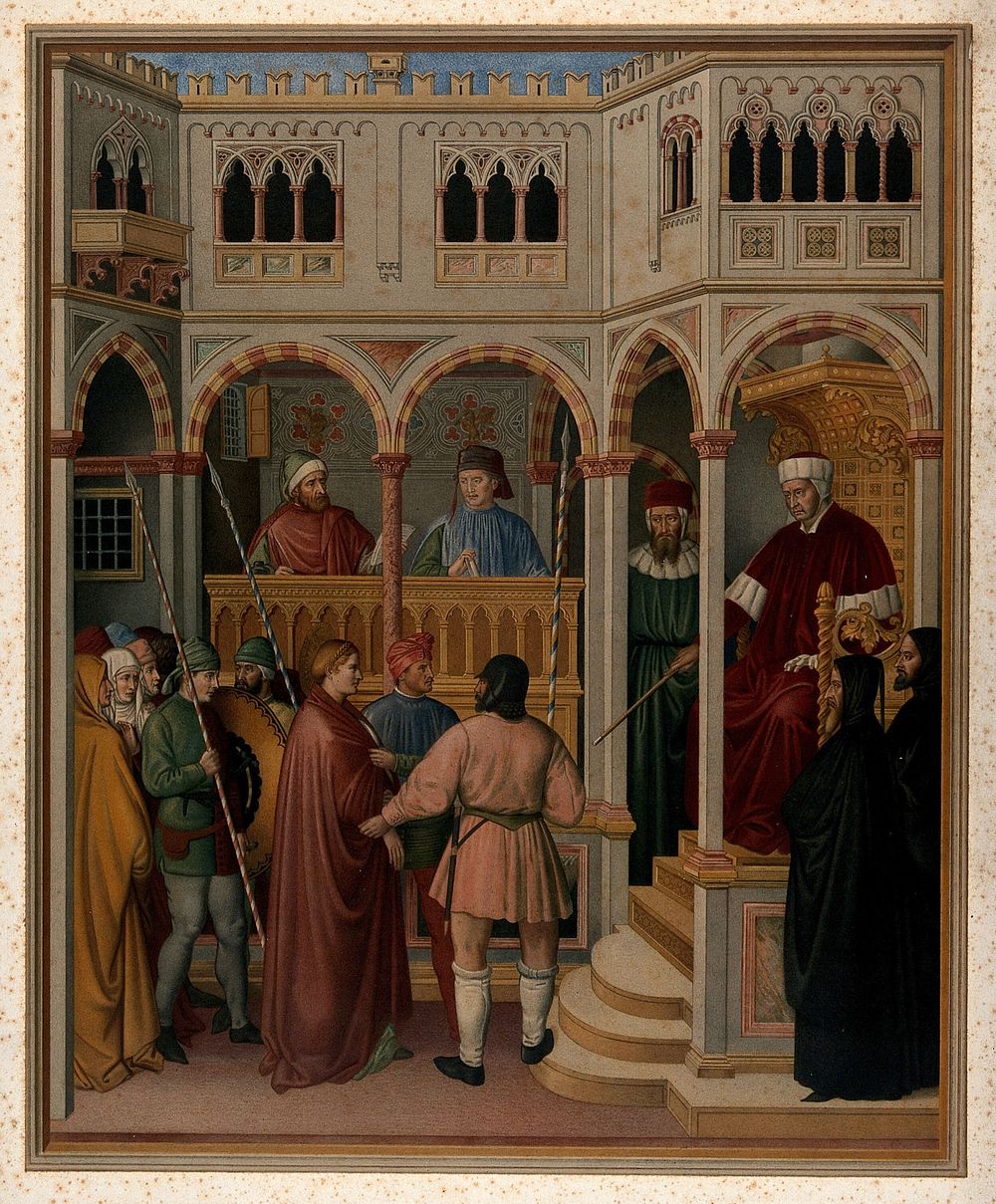 Saint Lucy sentenced to death by the Roman praetor. Chromolithograph by L. Gruner after E. Kaiser after Jacopo Avanzo.