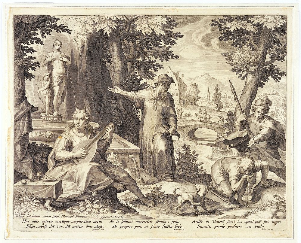 Hieronymus Fracastorius (Girolamo Fracastoro) shows the shepherd Syphilus and the hunter Ilceus a statue of Venus to warn…