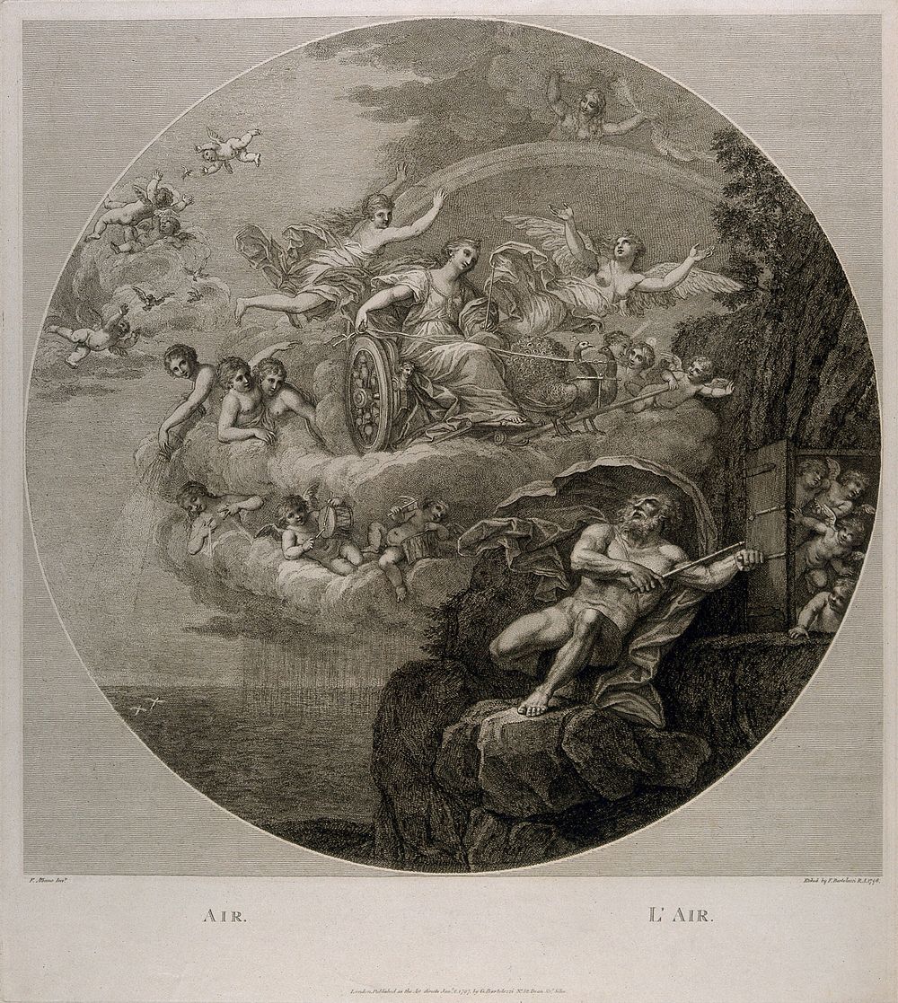 Juno in a chariot drawn by two peacocks flying through the sky surrounded by nymphs and cherubs, Jupiter on the ground…