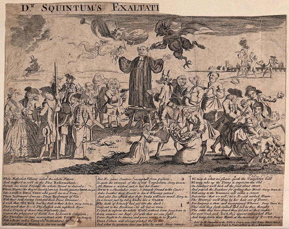 The preacher George Whitefield standing on a table and preaching to a crowd of supporters in London while he is insufflated…