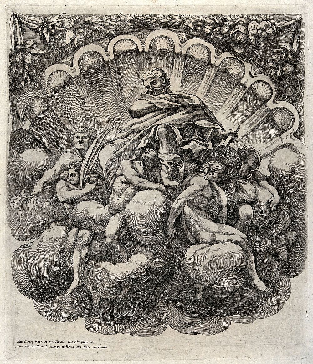 Saint Joseph in a niche surrounded by a border of scallops, supported by angels. Etching by G.B. Vanni after A. Correggio.