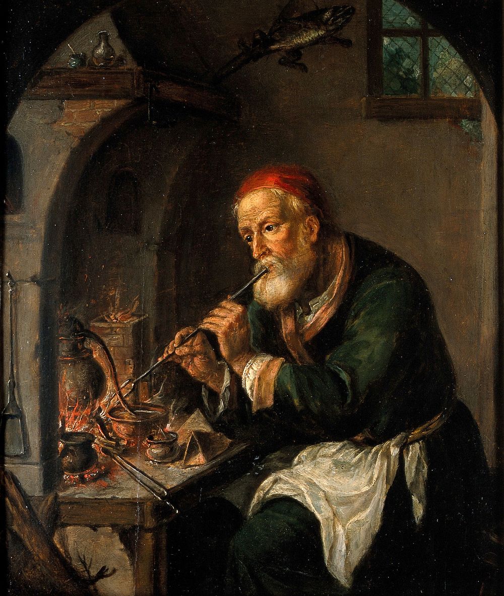 An alchemist blowing on a fire to heat a still . Oil painting attributed to Christian-Wilhelm-Ernst Dietrich, called…