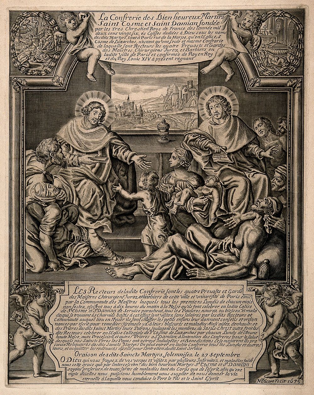Saint Cosmas and Saint Damian tending the frail and the sick. Line engraving by N. Picart, 1675.
