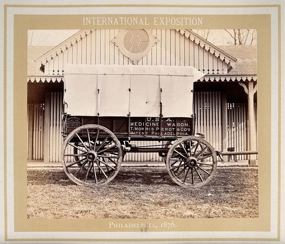 Philadelphia International Exposition, 1876: American Civil War medicine wagon produced by T. Morris Perot and Company: side…