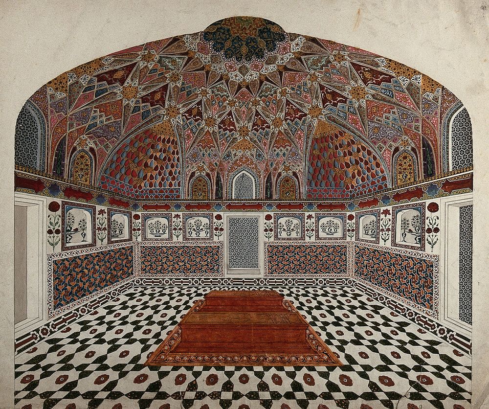 Agra: Mausoleum of Itmad-ud-Daula, interior view of the dome over the tombs. Gouache painting by an Indian artist.