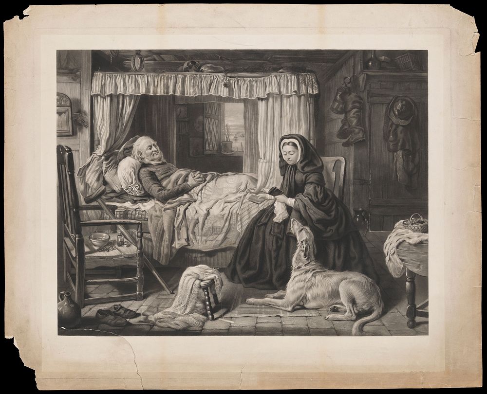 A dying fisherman lying in bed is being consoled by Queen Victoria, seated by his side. Engraving by W.H. Simmons after G.…