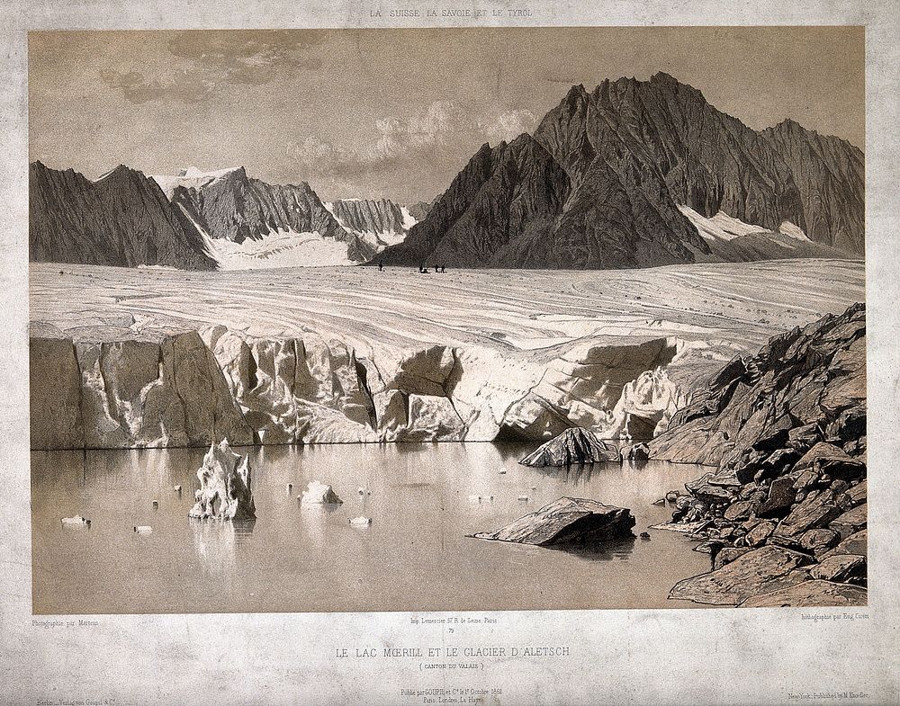 Geology: the Great Aletsch glacier and the Märjelensee in the Valais. Lithograph by E. Cicéri, 1862, after F. Martens.