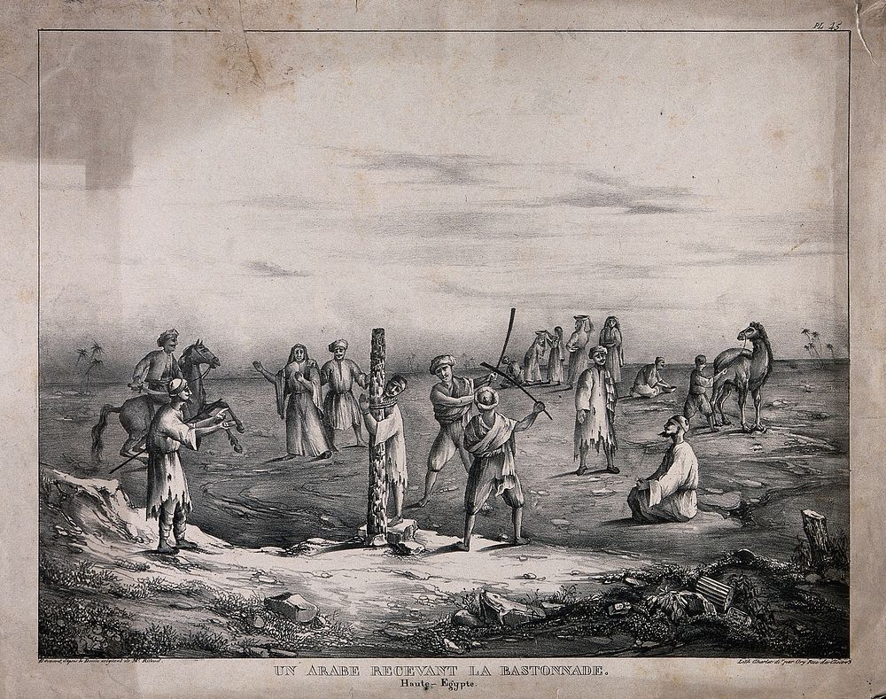 A man in Egypt tied to a stake receives a beating with wooden bats. Lithograph by Edouard after J.J. Rifaud.