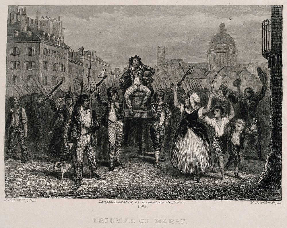 Marat, seated in a sedan chair, is carried in a triumphant procession of the revolutionary mob in the street of Paris.…