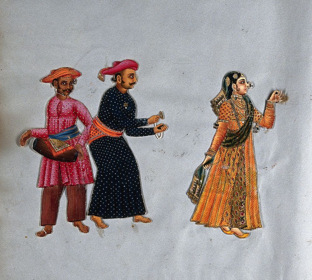A Muslim dancing woman with two male musicians of south India. Gouache painting.