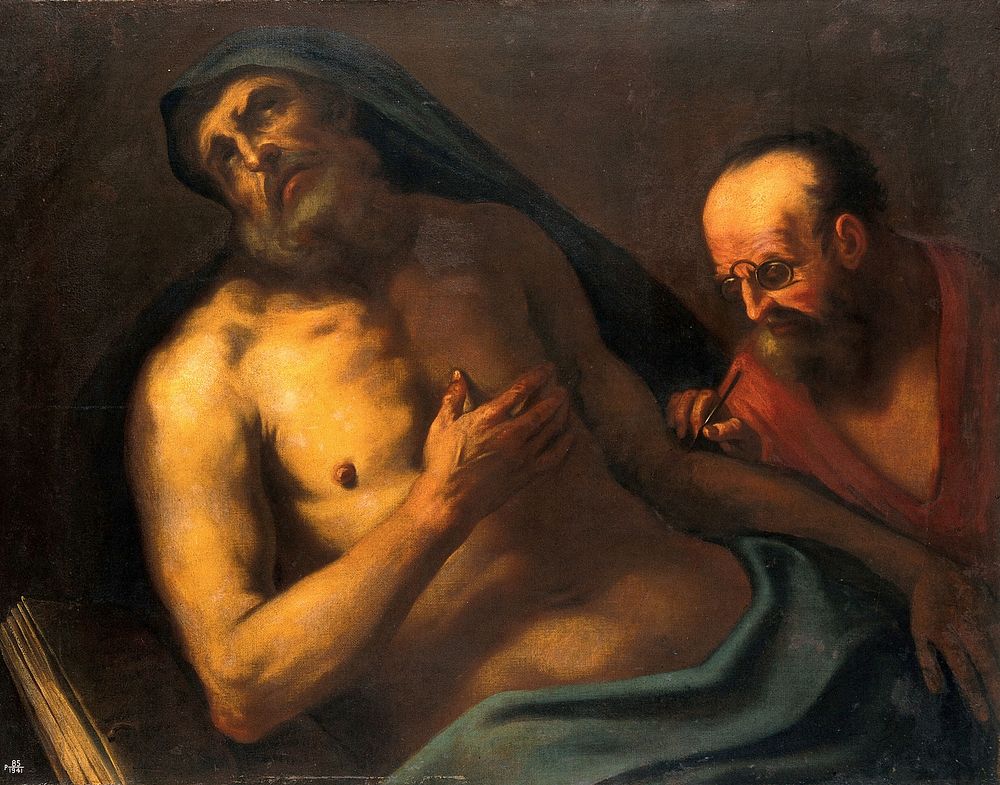 A man attended by a surgeon (suicide of Seneca). Oil painting.