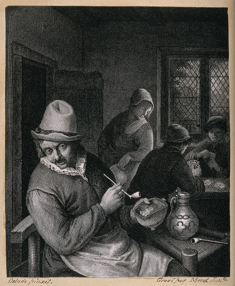 A man sitting indoors with tobacco pipe, jar and beer jug, behind a woman watches two card players. Engraving by Merot…