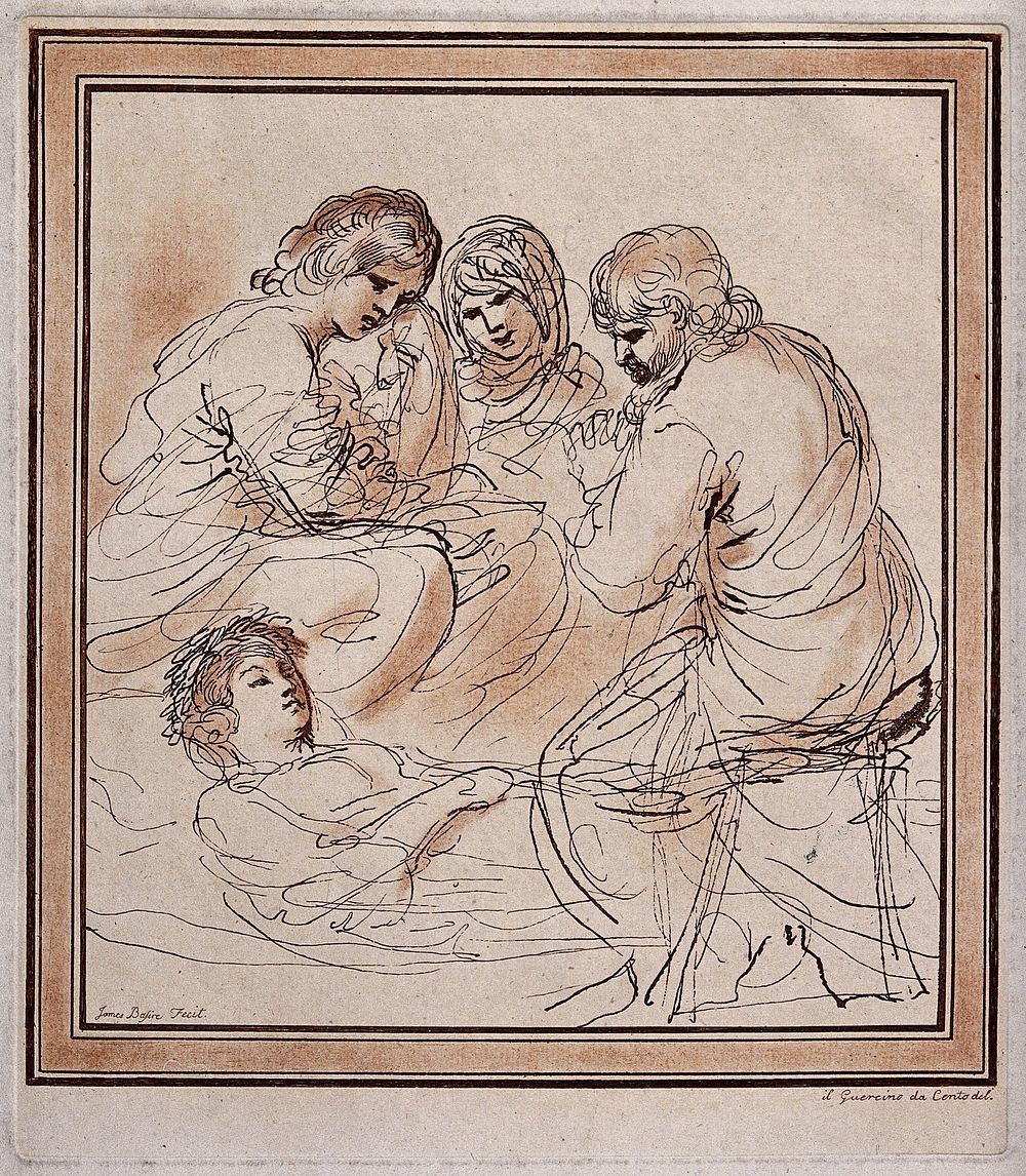 Three people contemplate the cadaver of Saint Petronilla. Etching by James Basire, 1764, after Giovanni Francesco Barbieri…