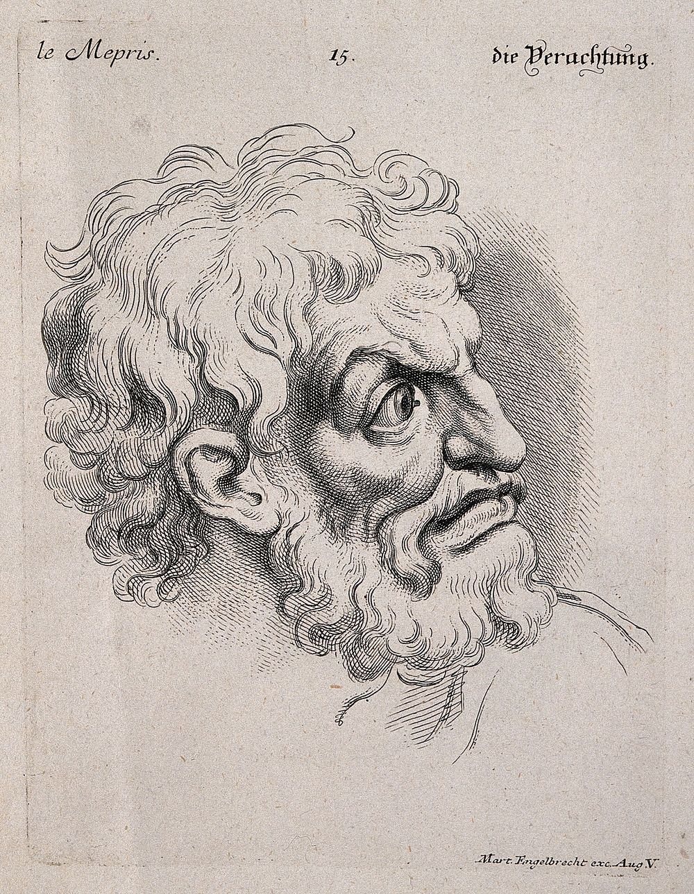 A bearded man expressing scorn. Engraving by M. Engelbrecht , 1732, after C. Le Brun.