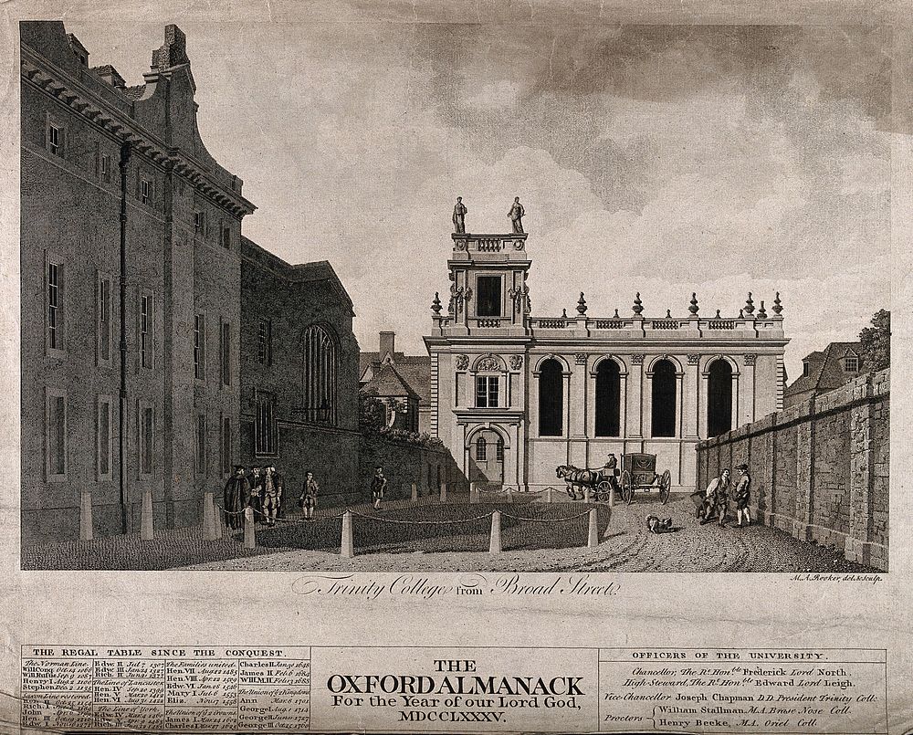 Trinity College, Oxford: from Broad Street. Line engraving by M.A. Rooker after himself, 1785.