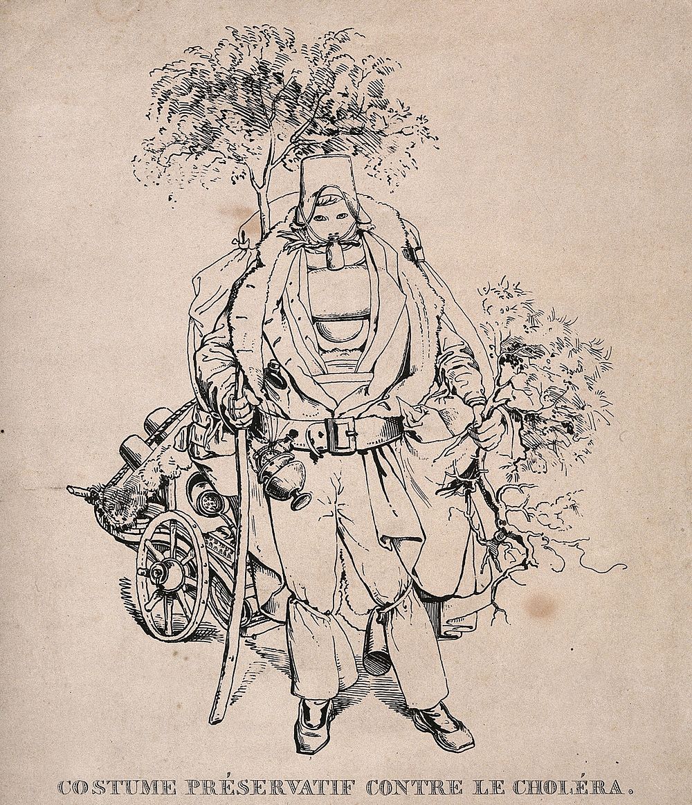 A man dressed in absurd protective clothing against the cholera epidemic. Etching, c. 1832.