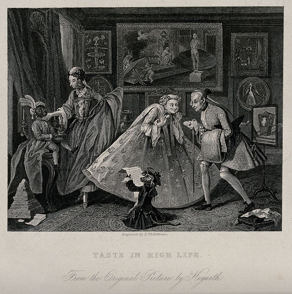 The interior of a salon with fashionable people in hoop skirts and corsets, and in which even the servant and the dog are…