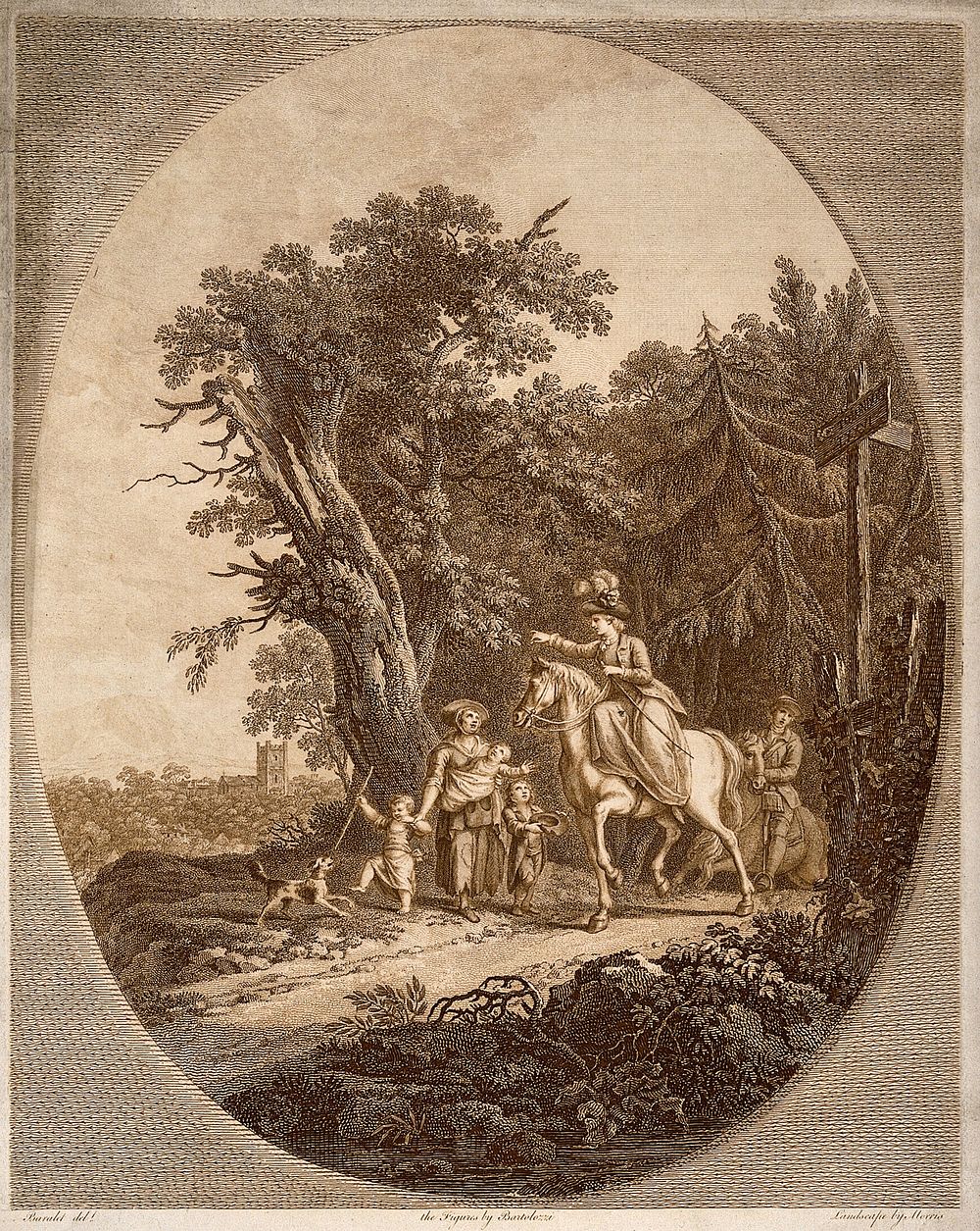 A woman in fine clothes riding a horse gives a coin to a poor family on a country road tin a mountainous region of England.…
