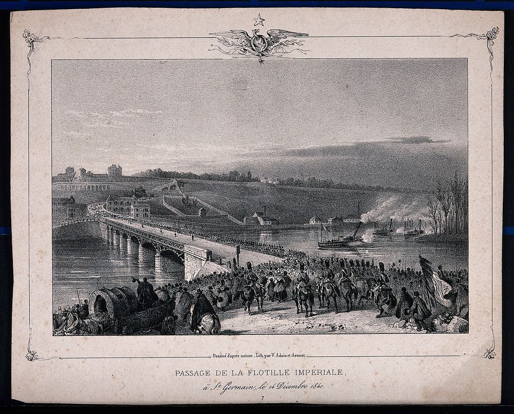 The Imperial flotilla passing a large crowd of onlookers at a bridge in St. Germain in 1840. Lithograph by J. Arnout after…