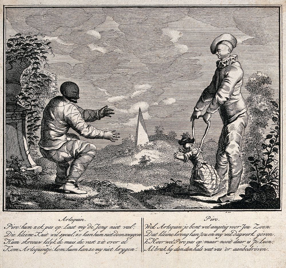 A scene from the childhood of the young Harlequin. Etching by G.J. Xavery.