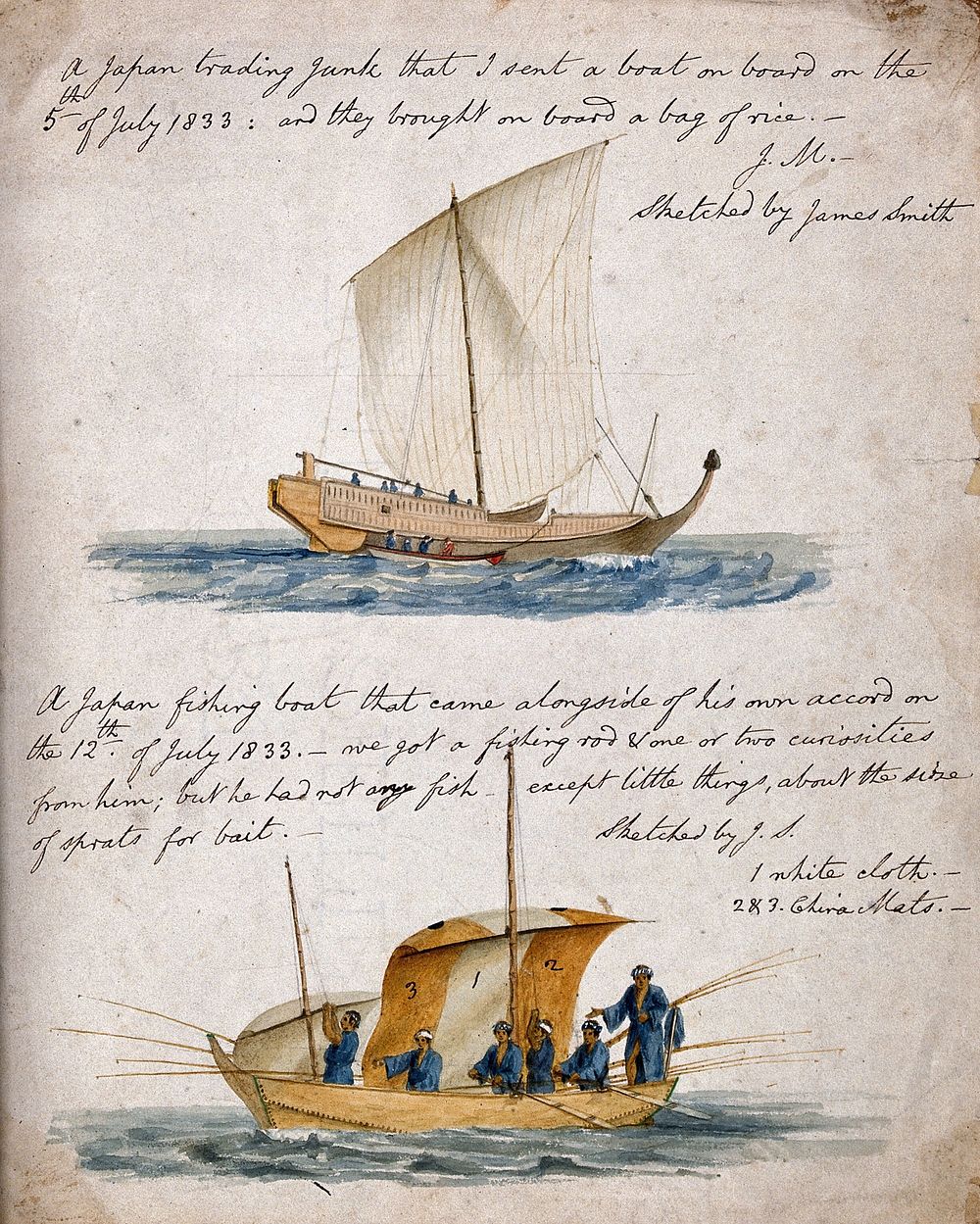 Ship-building: two types of Japanese boat. Drawing by J. Smith, c.1833.