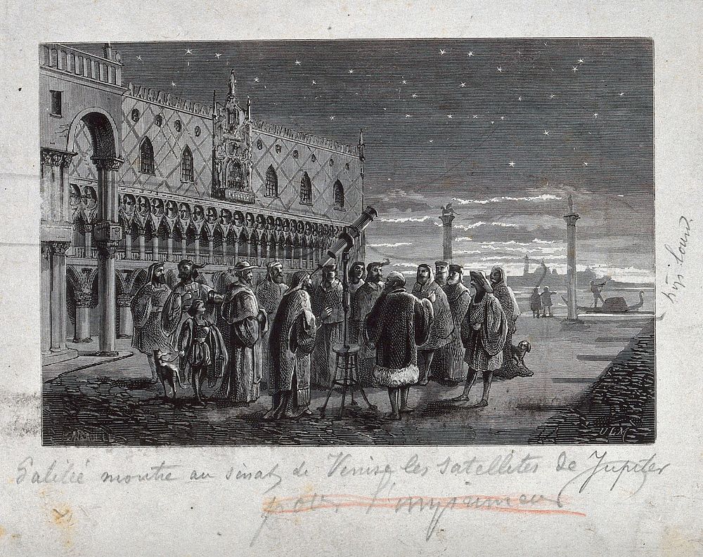 Astronomy: Galileo with his telescope in the Piazza San Marco, Venice. Wood engraving.