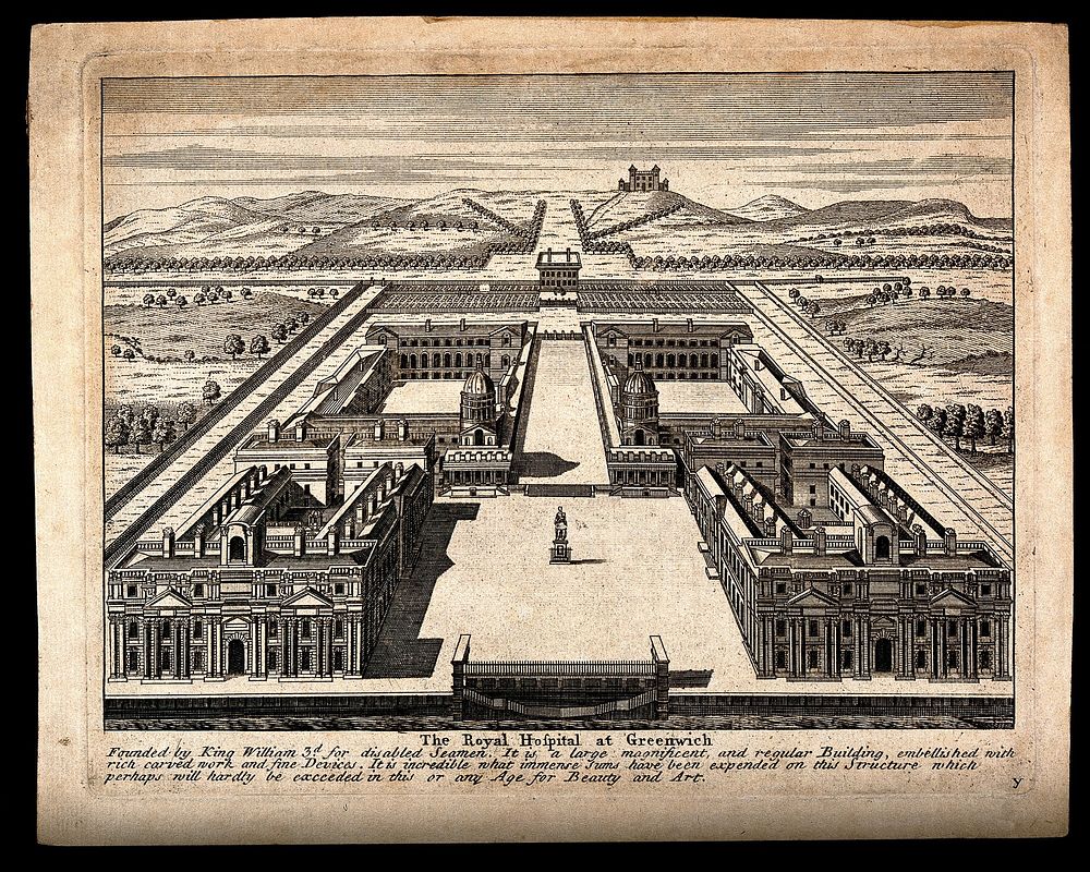Royal Naval Hospital, Greenwich: with the statue of King George II in place. Engraving.