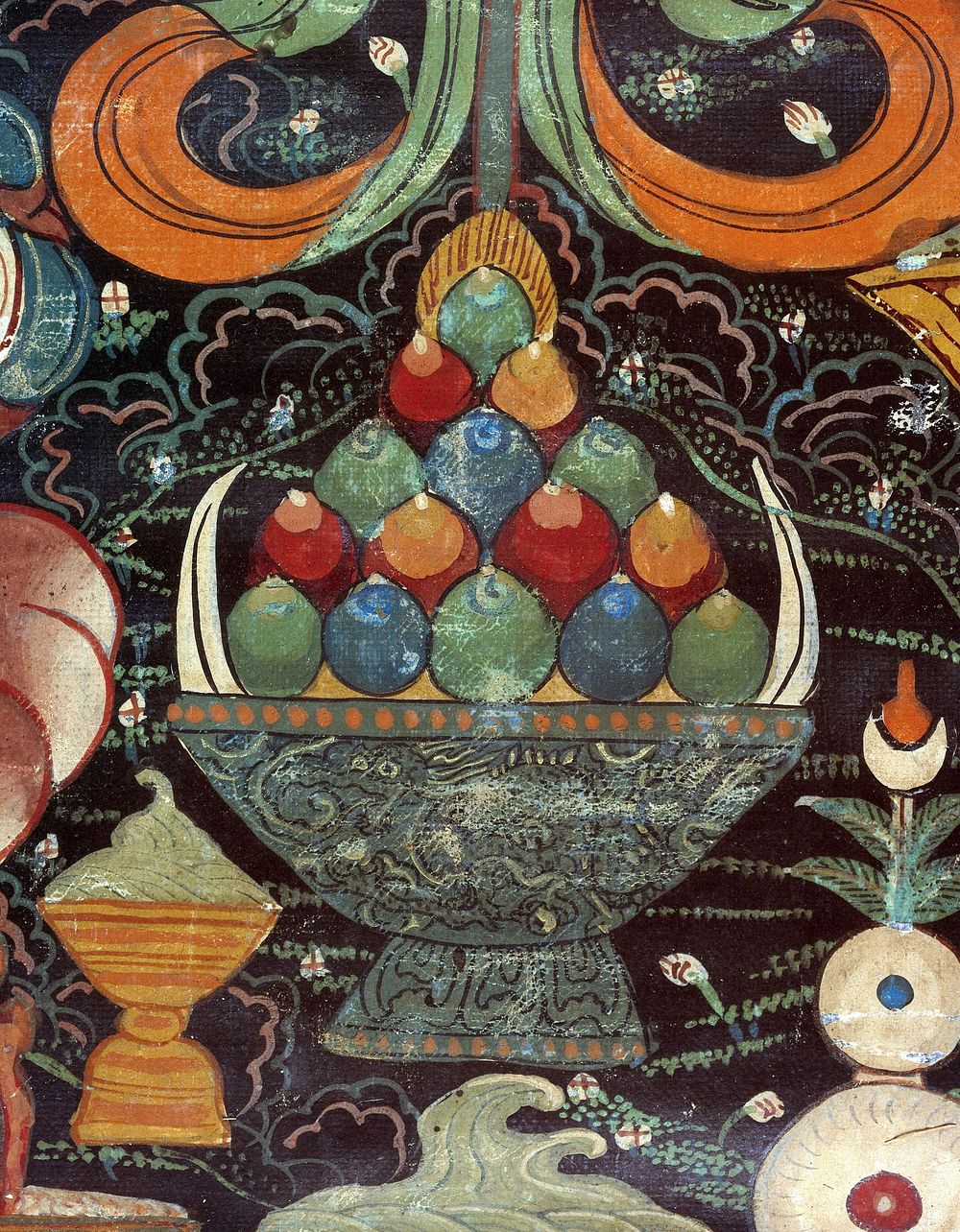 Attributes of rDo-rje Kon-btsun De-mo in a "rgyan tshogs" banner. Distemper painting by a Tibetan painter.
