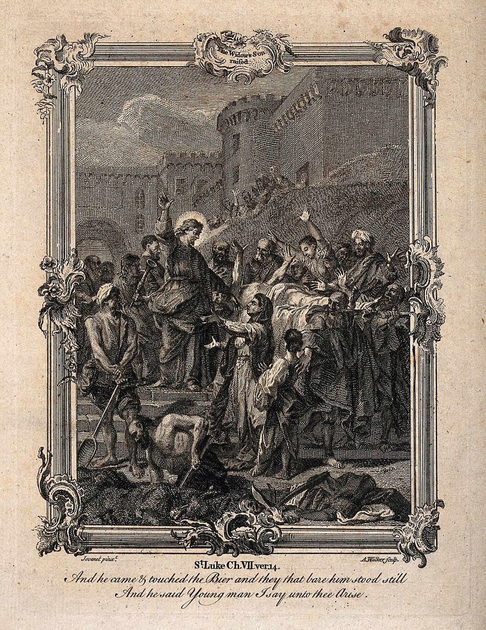 Christ raises the widow's son from the dead. Etching by A. Walker after J-B. Jouvenet.