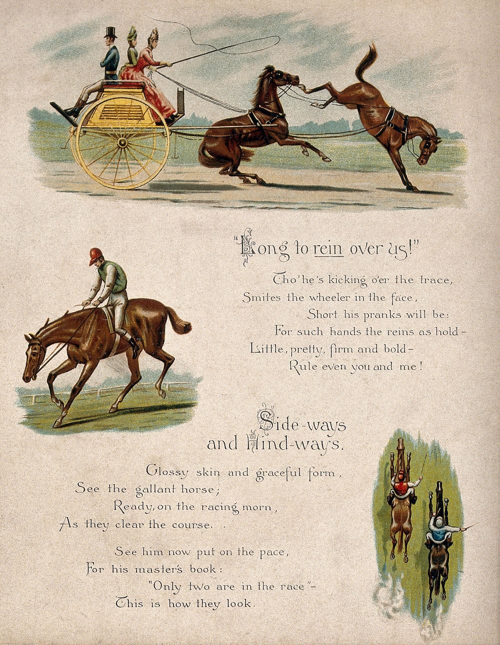 Above, a carriage horse baulks and kicks the horse behind; centre, a baulking race horse; below, two race horses with…