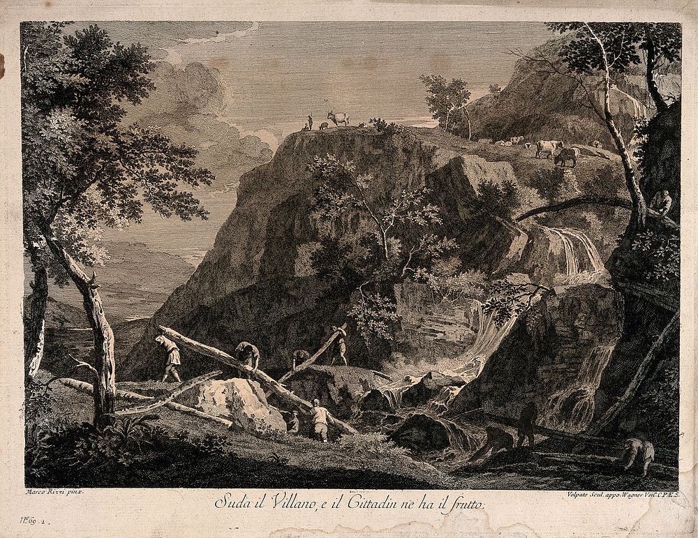 Labourers felling trees and moving the trunks on the side of a mountain. Engraving by Giovanni Volpato after Marco Ricci.