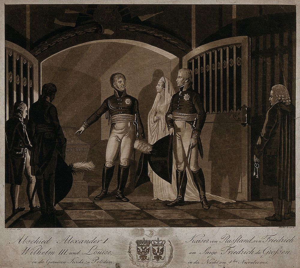 Alexander I of Russia taking leave of Friedrich Wilhelm III and his wife, Luise von Mecklenburg-Strelitz, next to the tomb…