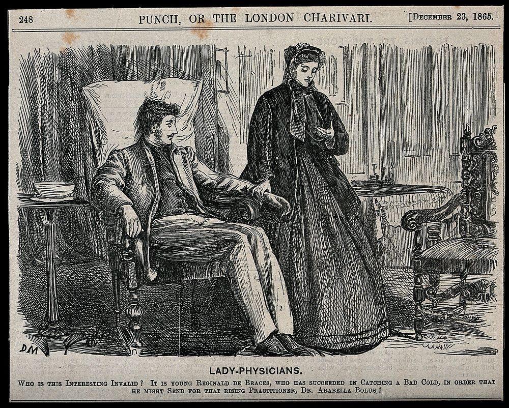 A woman doctor is taking the pulse of a male patient seated in an armchair. Wood engraving after G. Du Maurier, 1865.