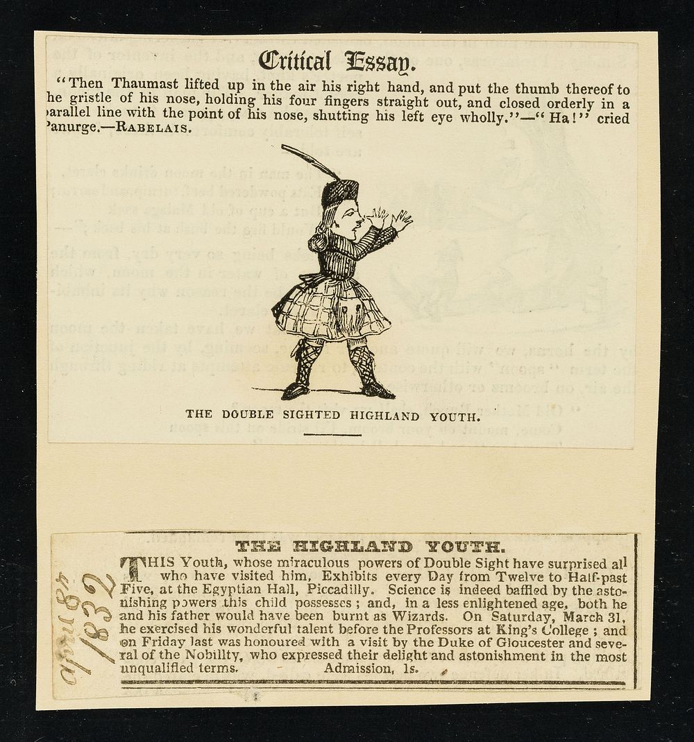 The Highland Youth : this youth, whose miraculous powers of double sight have surprised all who have visited him. Exhibits…