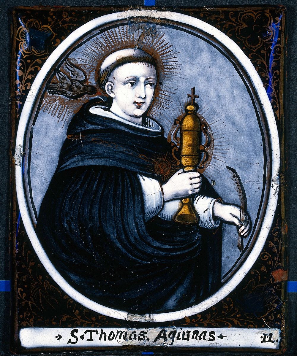Saint Thomas Aquinas holding a monstrance and a quill. Painted plaque.