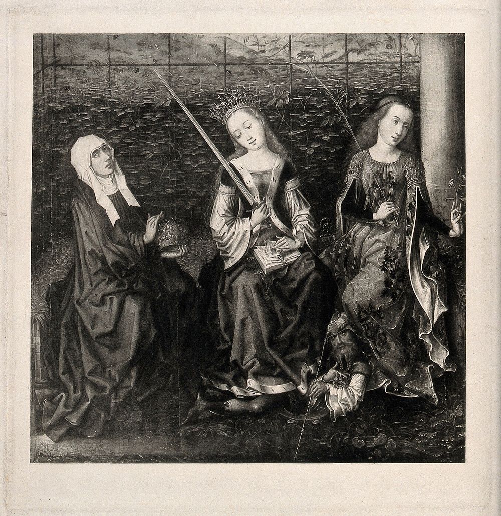 Saint Elizabeth of Hungary, Saint Catherine of Alexandria and Saint Dorothea . Photogravure after a painting.