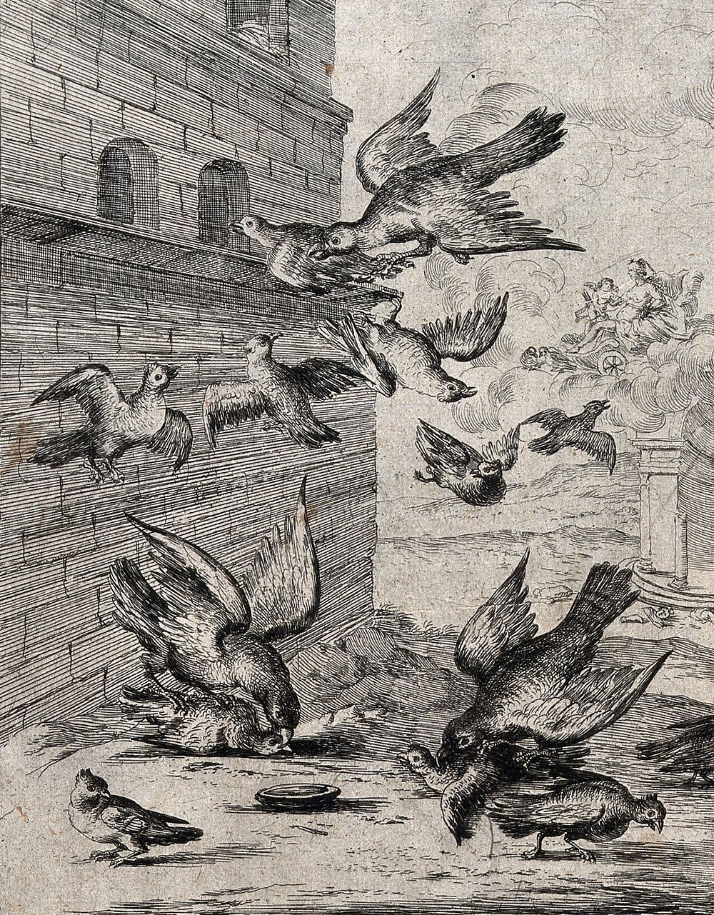 Large birds harassing small birds near a dovecote with a goddess in her chariot watching on from the clouds; illustration…